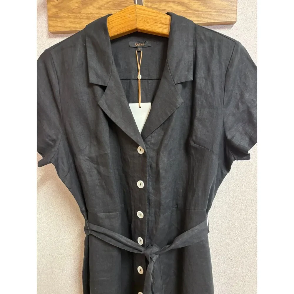 NWT Quince 100% European Linen Button Front Midi Dress Black Belted Shirt Dress - Picture 3 of 6